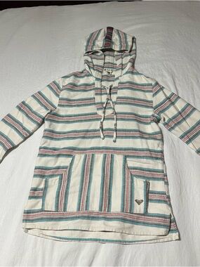 Roxy Cream Hooded Striped Pullover with Teal & Coral Accents